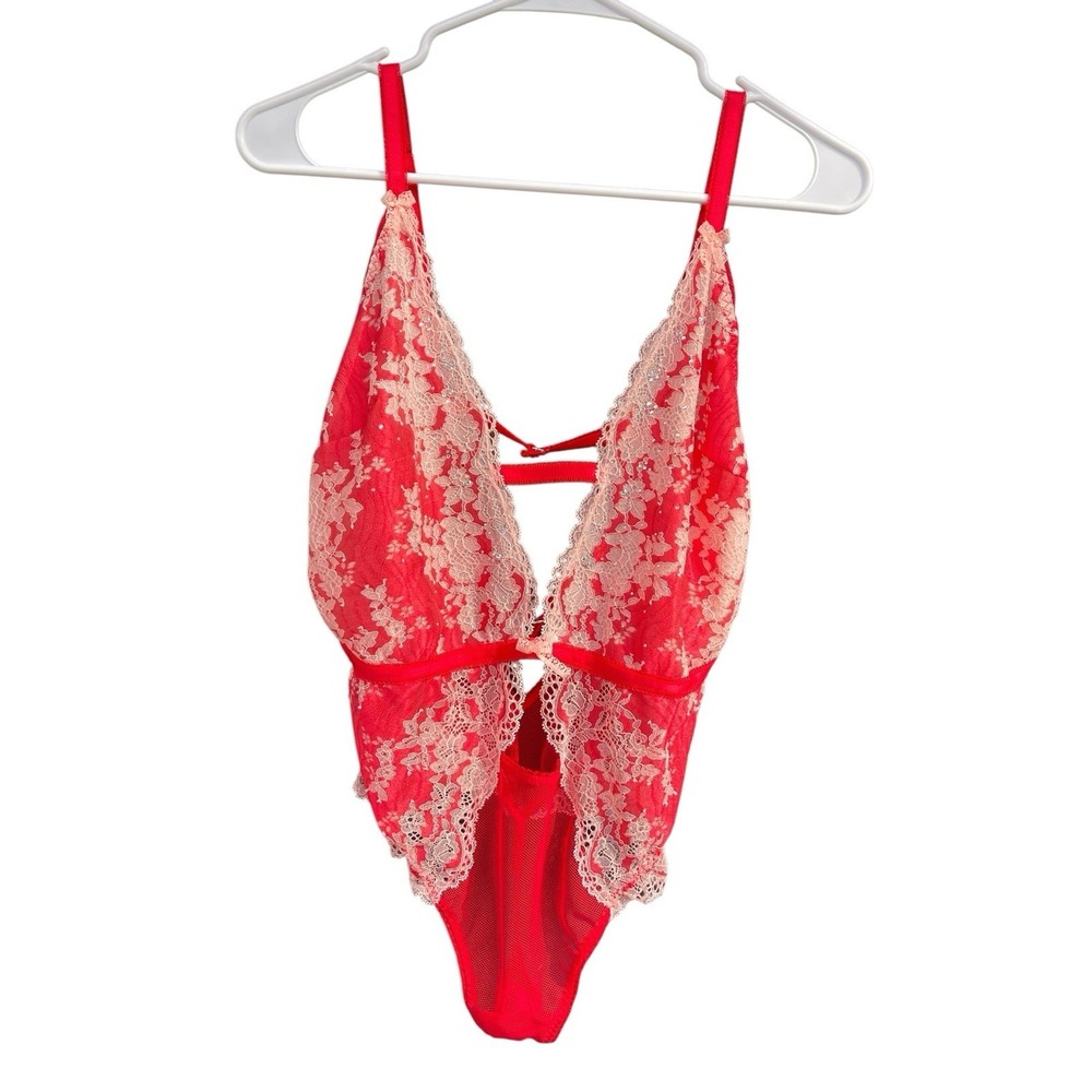 Victorias Secret Red Lacey Teddy Size L Sparkle Mesh Cut-Outs Fairy‎ Coquette